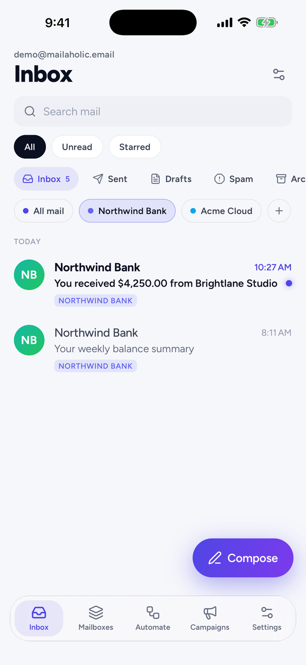 Mailaholic app — categories