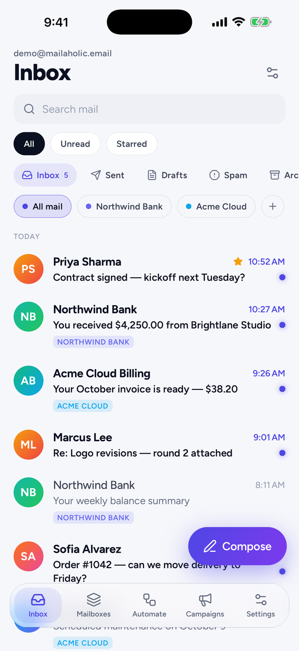 Mailaholic app — inbox