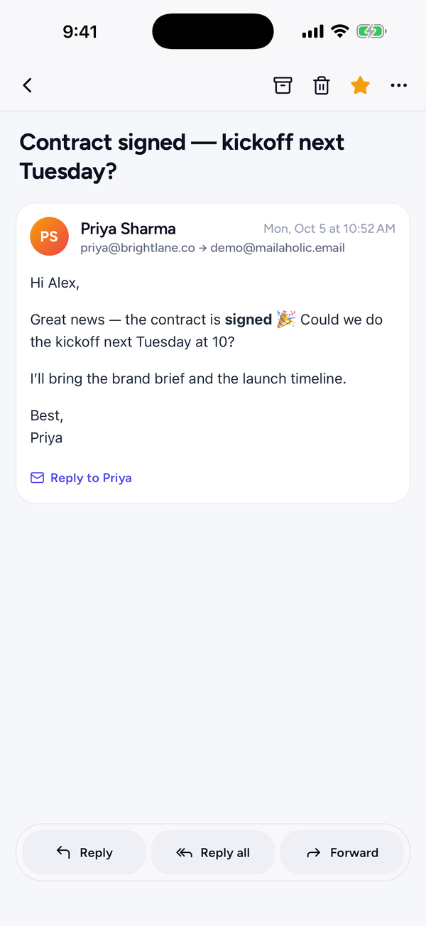 Mailaholic app — message