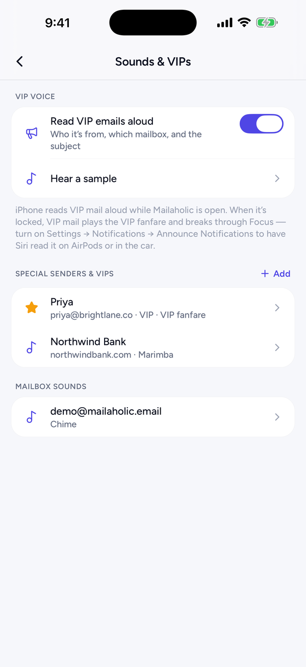 Mailaholic app — sounds
